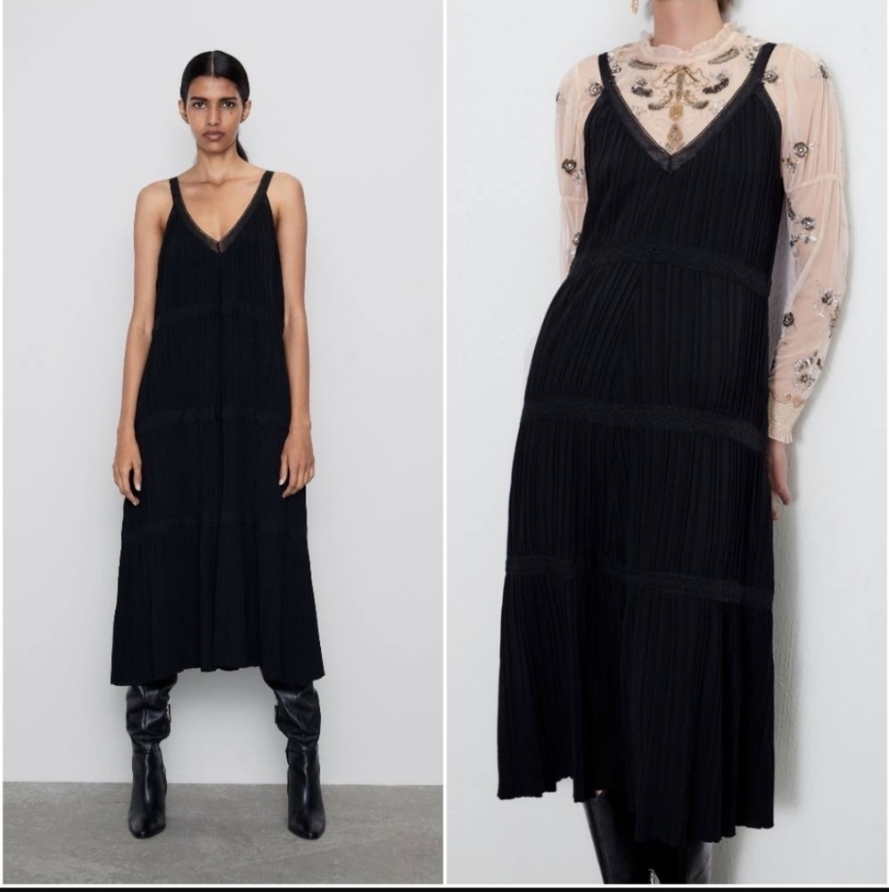 Zara oversized black lace detail maxi dress